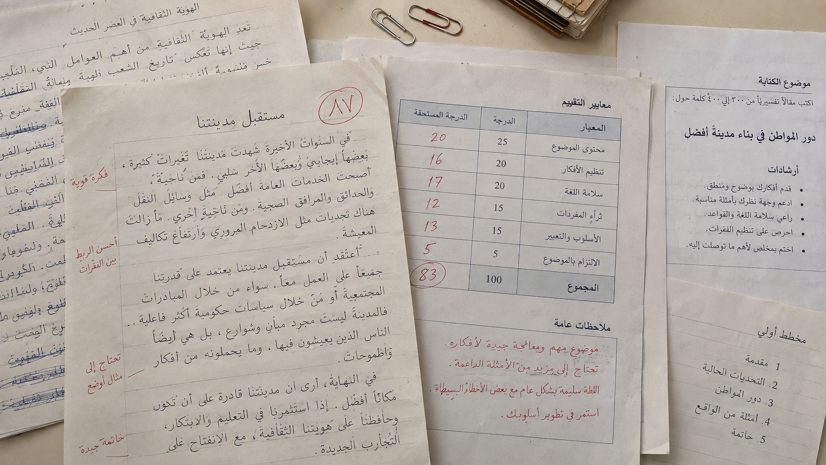 Arabic essay pages, rubric sheets, annotations, and scoring materials