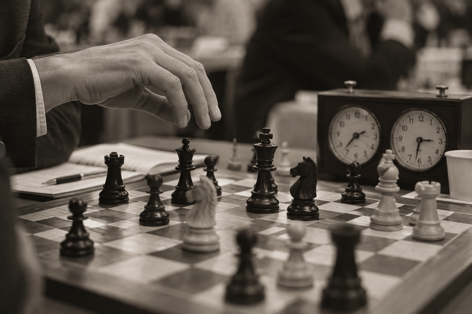 A hand hovering over a chessboard beside a clock