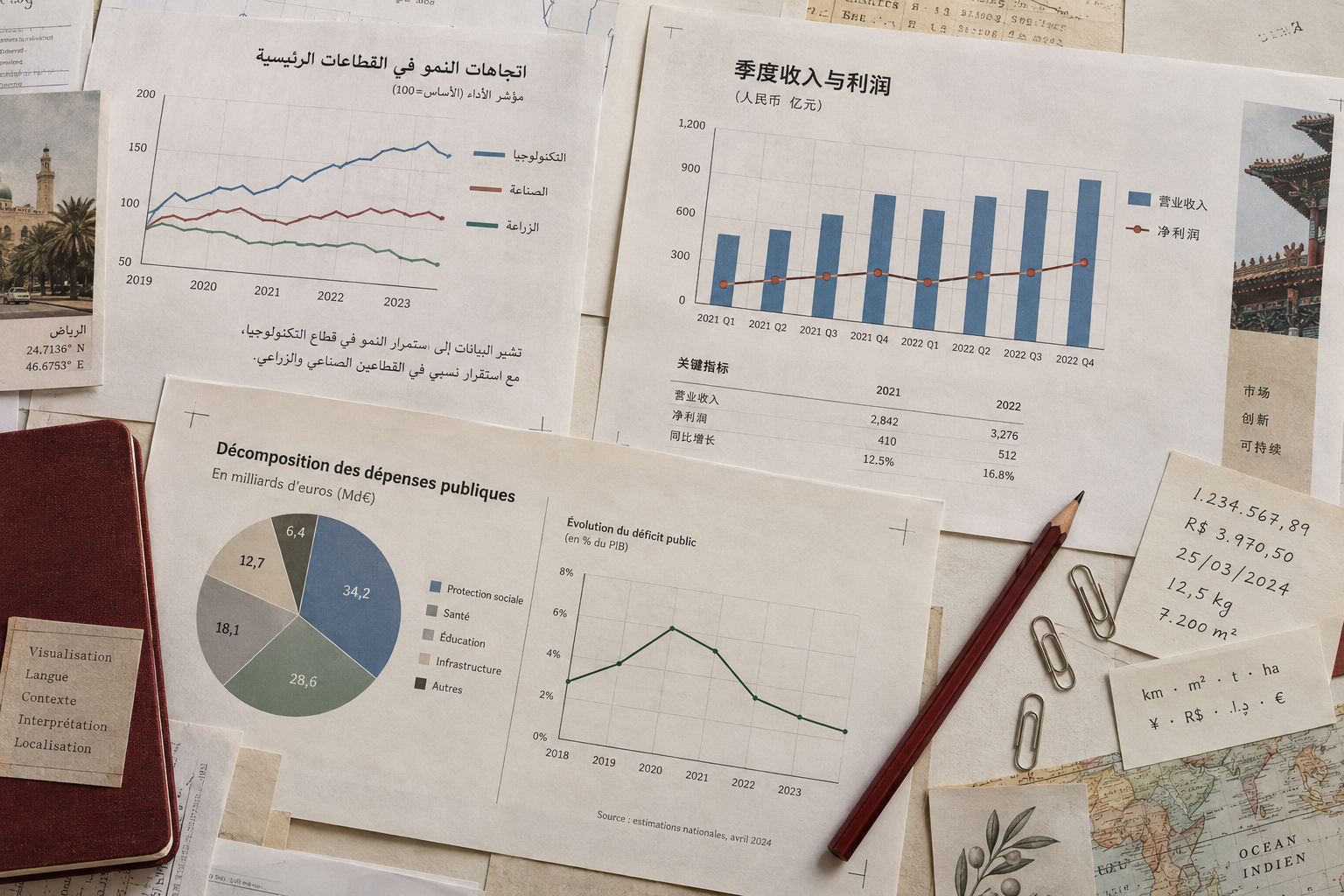 Printed Arabic, Chinese, and European charts arranged as multilingual visualization research materials on a desk