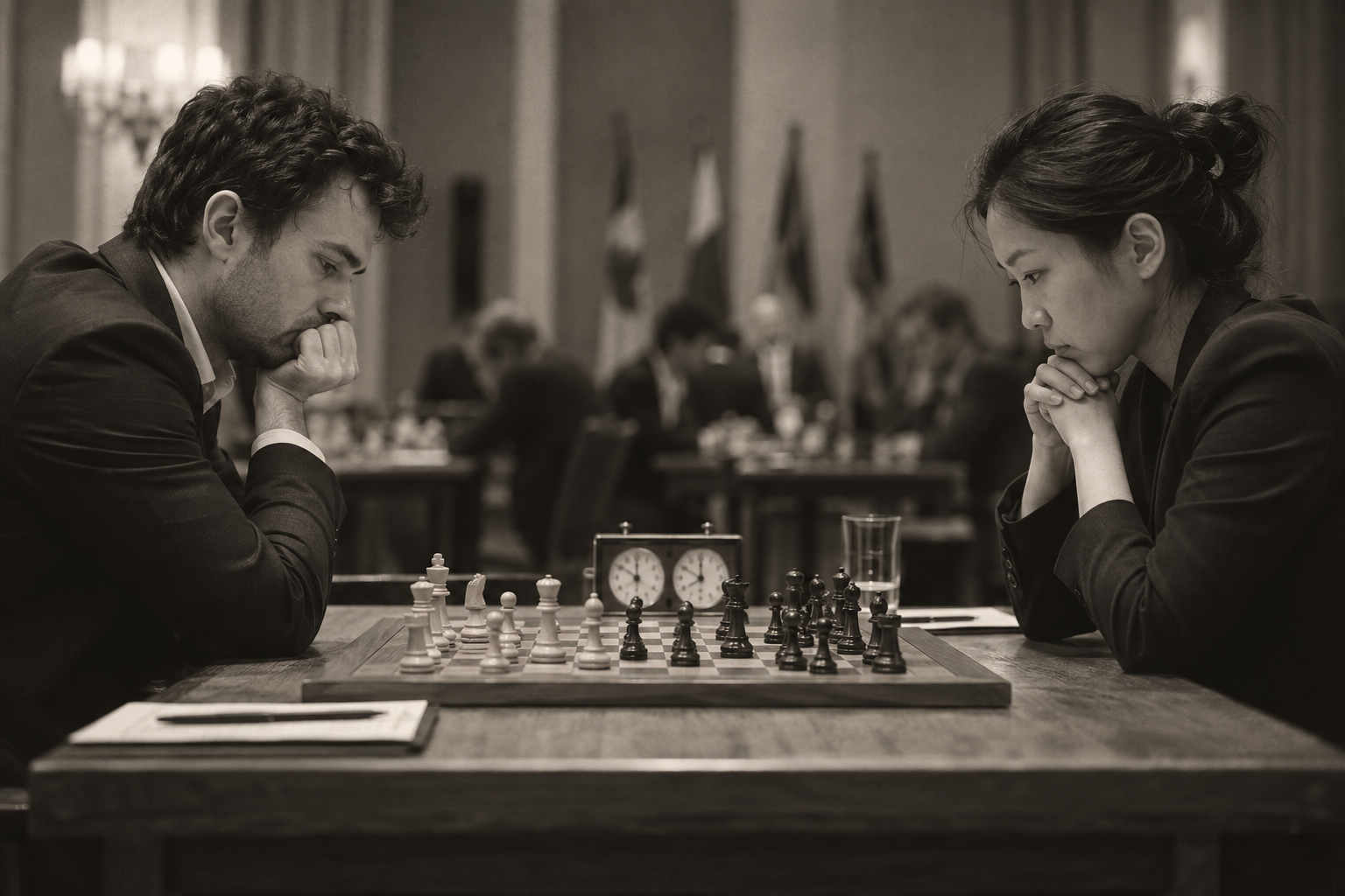 Two chess players concentrating across a tournament board