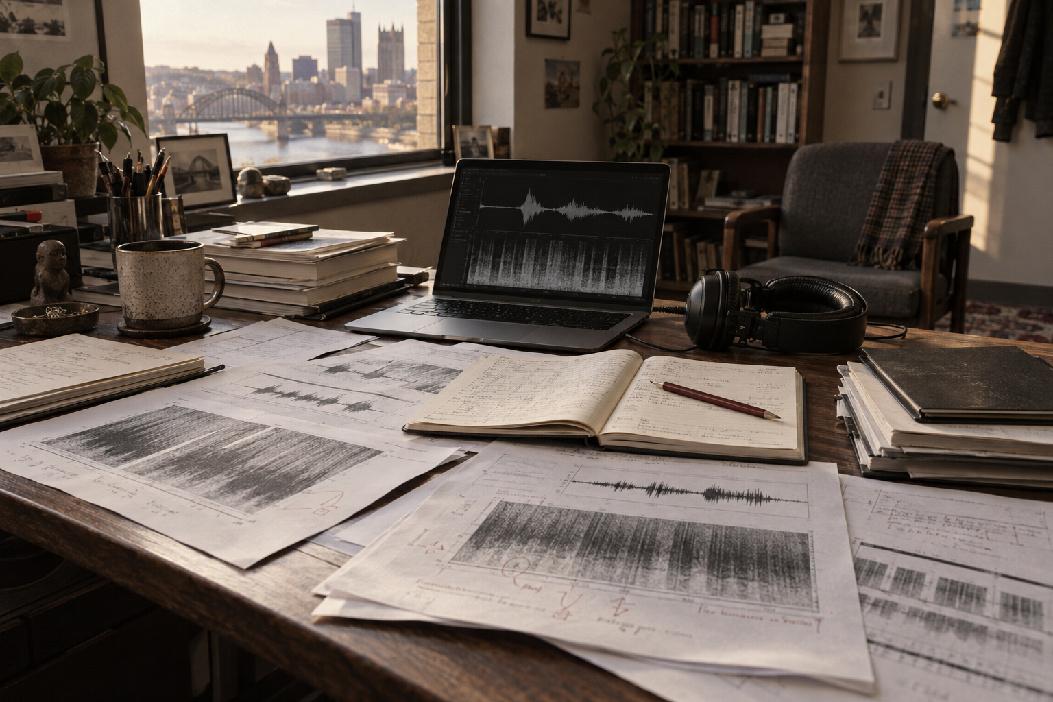 A research desk with spectrograms, notes, headphones, and a laptop