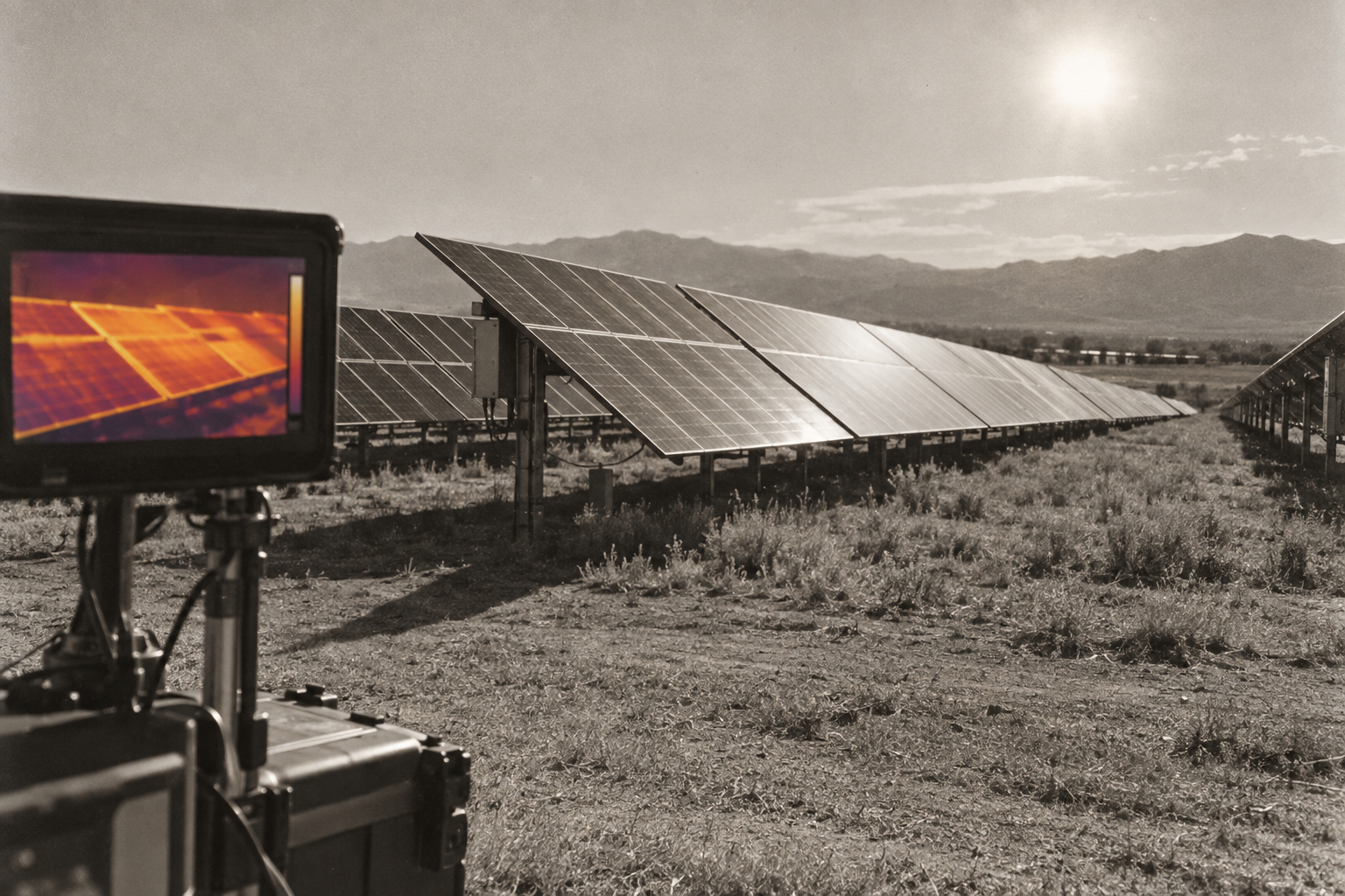 Solar panels in a field with thermal research equipment